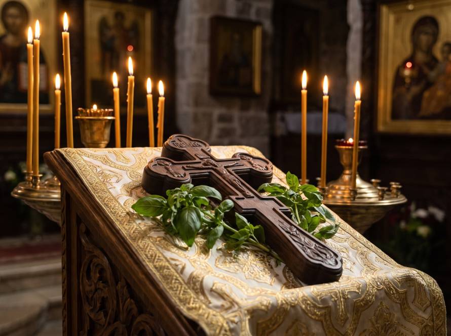 A carved wooden cross decorated with sprigs of fresh basil, resting on an embroidered cloth on a lectern, surrounded by lit beeswax candles in a dim church interior.