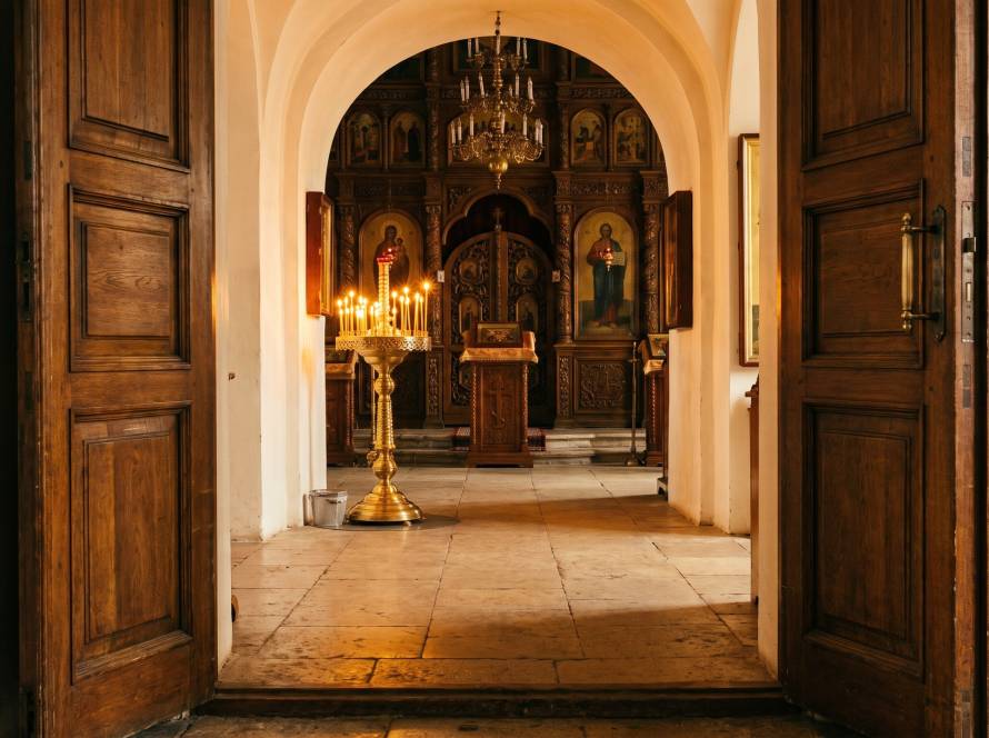 Open wooden doors looking from the narthex into an Orthodox nave, a brass candle stand lit with beeswax candles before the iconostasis.