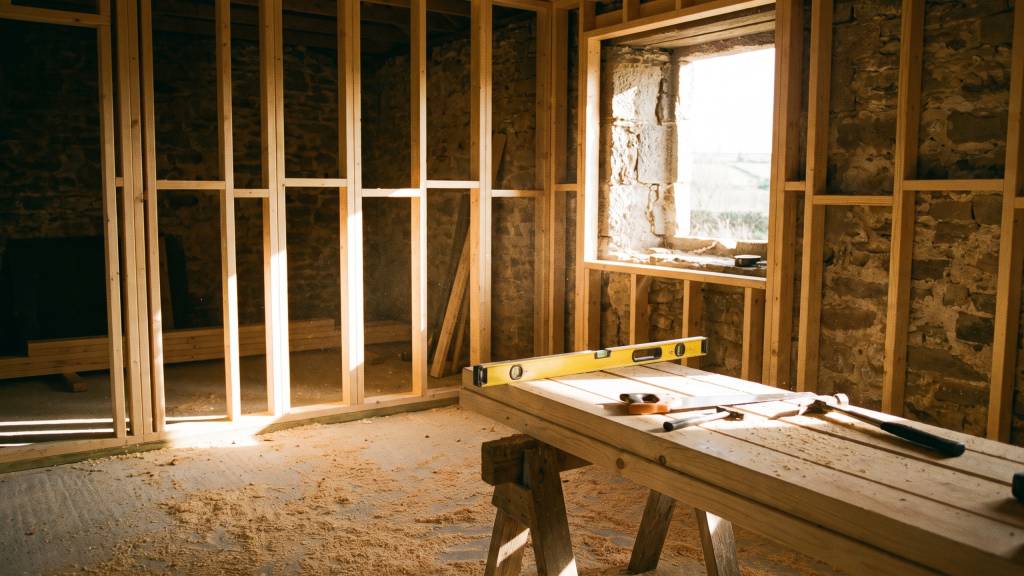A room under renovation: newly framed pine walls, sawdust on the floor, and hand tools on a sawhorse bench in daylight.