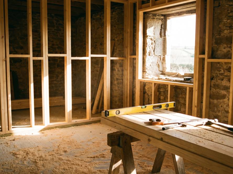 A room under renovation: newly framed pine walls, sawdust on the floor, and hand tools on a sawhorse bench in daylight.