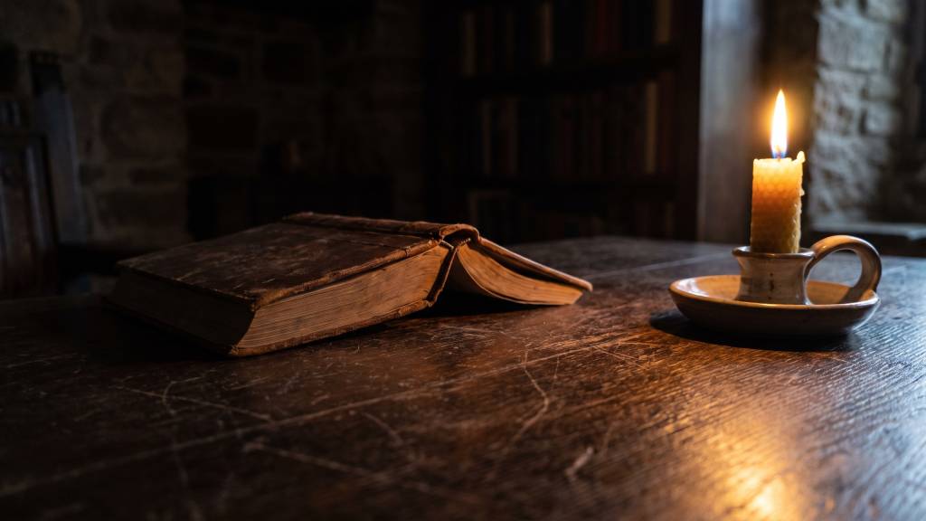 An open book resting face-down beside a single lit beeswax candle on a dark wooden desk.