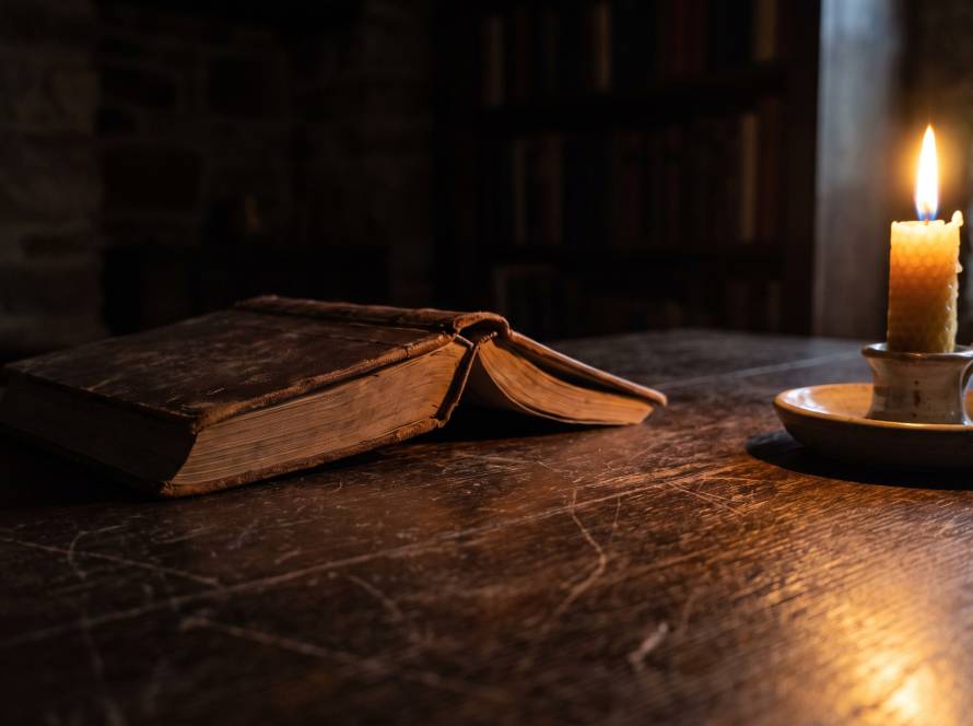 An open book resting face-down beside a single lit beeswax candle on a dark wooden desk.