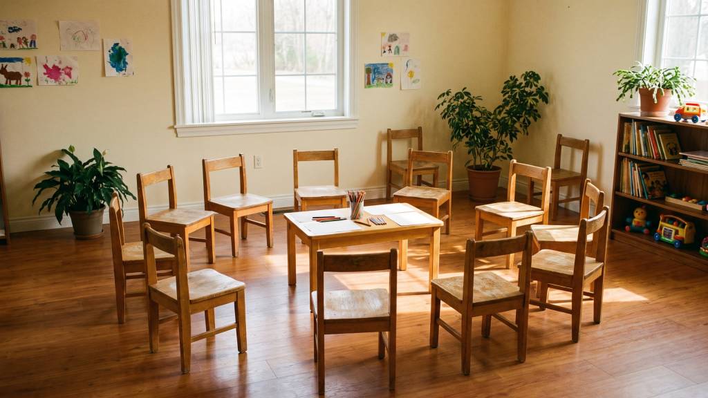 An empty classroom with small wooden chairs set in a circle and paper and crayons on a low table, morning light across a wood floor.