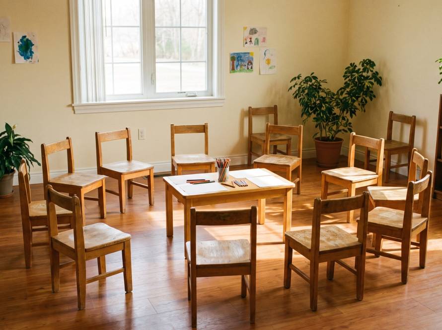 An empty classroom with small wooden chairs set in a circle and paper and crayons on a low table, morning light across a wood floor.