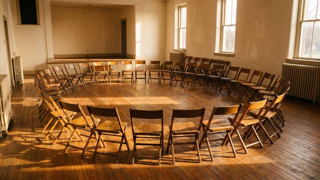 Folding chairs arranged in a wide circle in an empty parish hall, late afternoon sunlight across the floor.