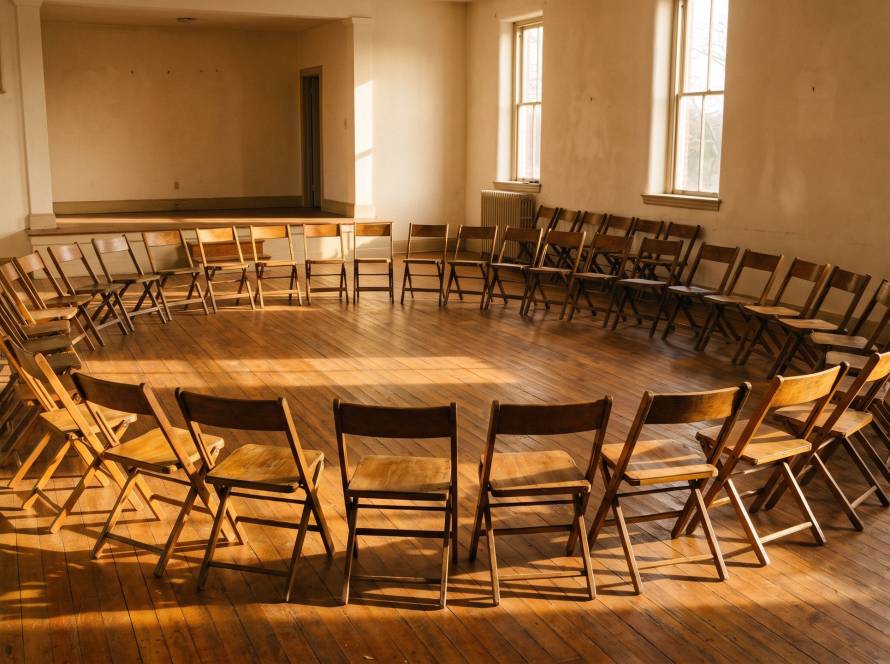Folding chairs arranged in a wide circle in an empty parish hall, late afternoon sunlight across the floor.