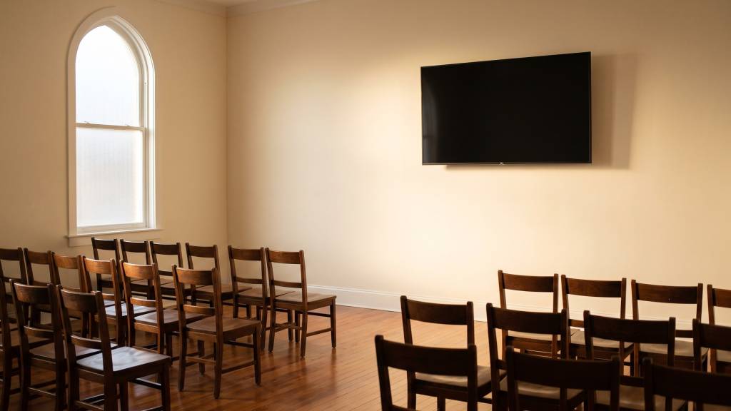A freshly painted classroom with rows of wooden chairs and a wall-mounted screen, in soft afternoon light.