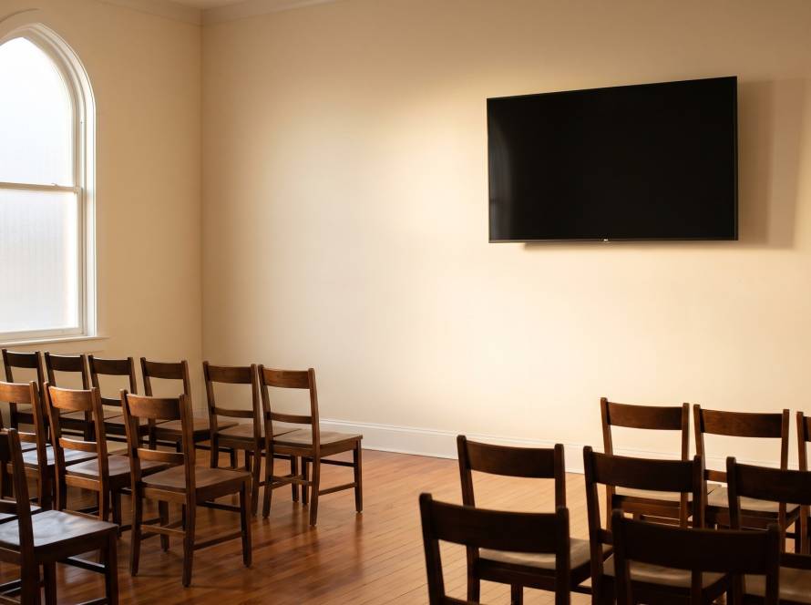 A freshly painted classroom with rows of wooden chairs and a wall-mounted screen, in soft afternoon light.