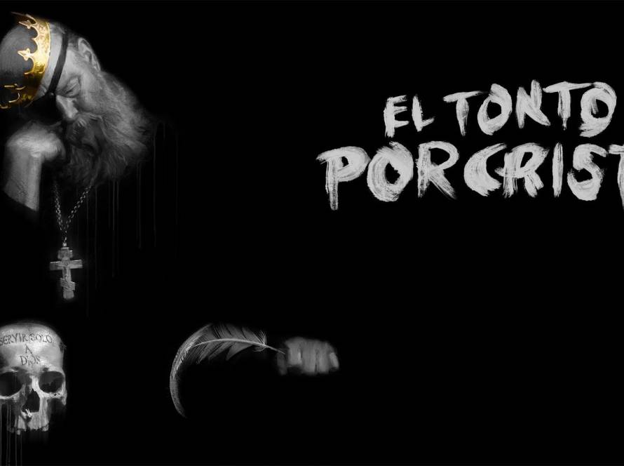 Official key art for El Tonto Por Cristo: a bearded monk wearing a gold crown and a three-bar cross rests his head on his hand beside a skull, on a black background with the film's title.
