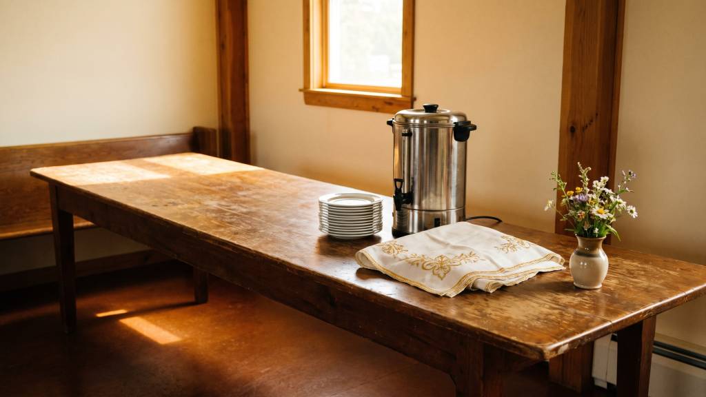 A wooden table in a parish hall with a coffee urn, a stack of plates, an embroidered white linen cloth, and a small vase of flowers in morning light.