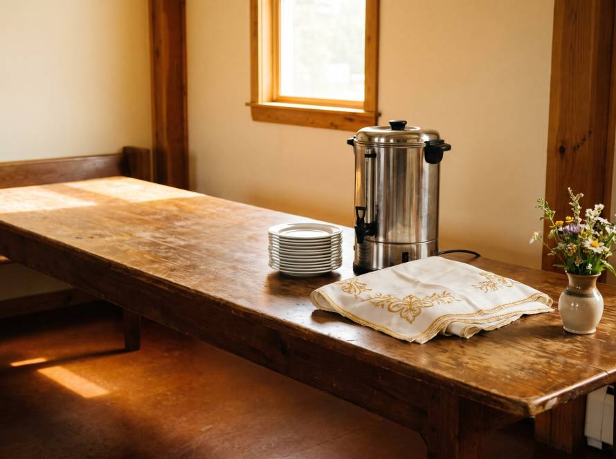 A wooden table in a parish hall with a coffee urn, a stack of plates, an embroidered white linen cloth, and a small vase of flowers in morning light.