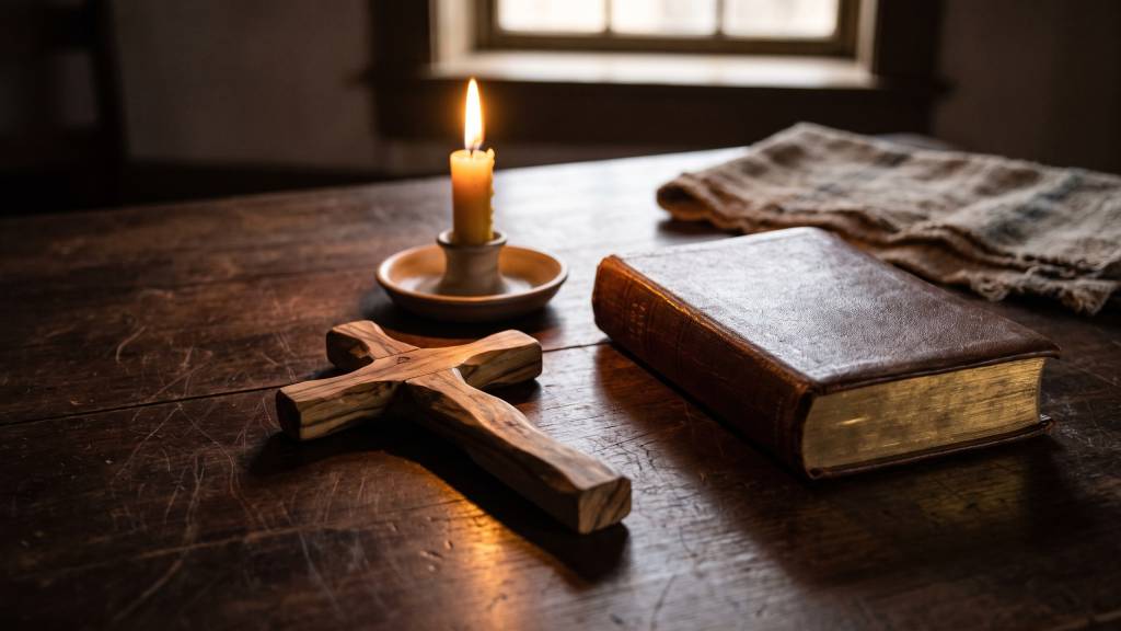 A plain carved wooden cross on a worn dark table beside a lit beeswax candle and a closed leather-bound book, in warm candlelight.