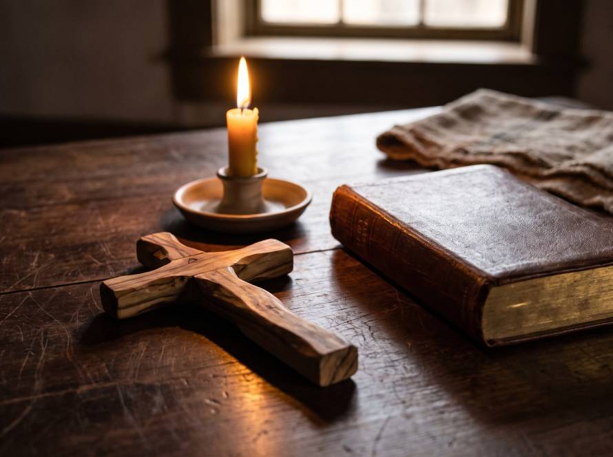 A plain carved wooden cross on a worn dark table beside a lit beeswax candle and a closed leather-bound book, in warm candlelight.