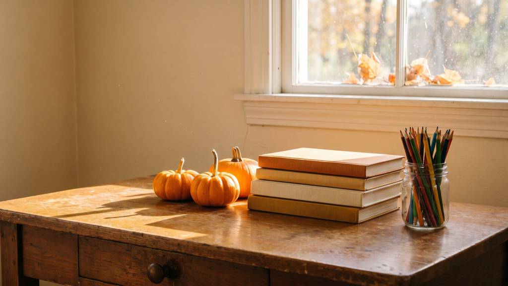 Small orange pumpkins, a stack of books, and a jar of colored pencils on a wooden classroom table by an autumn window.