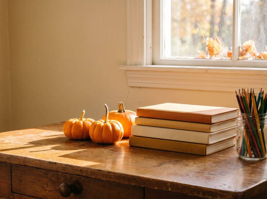 Small orange pumpkins, a stack of books, and a jar of colored pencils on a wooden classroom table by an autumn window.
